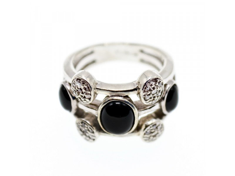 925 Sterling Silver Onyx and Goshenite Ring Size 7.5