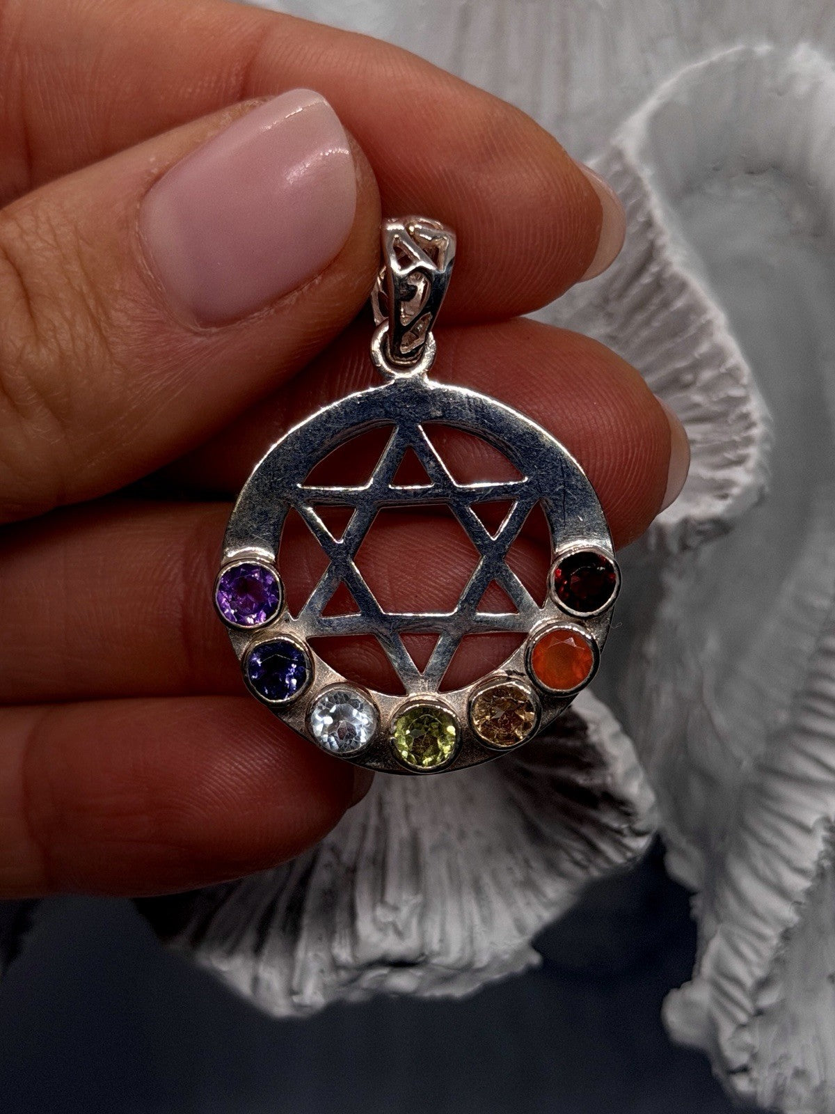 Vintage Sterling Silver Star of David Pendant with Multicolor Gemstones Judaica