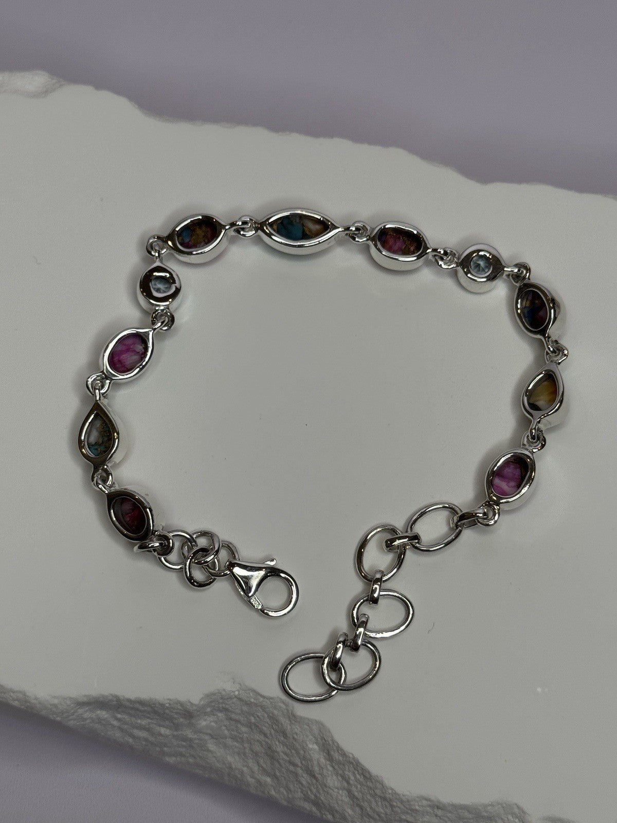 925 Sterling Silver Oyster Turquoise & Topaz Bracelet Length 6-8 Inch