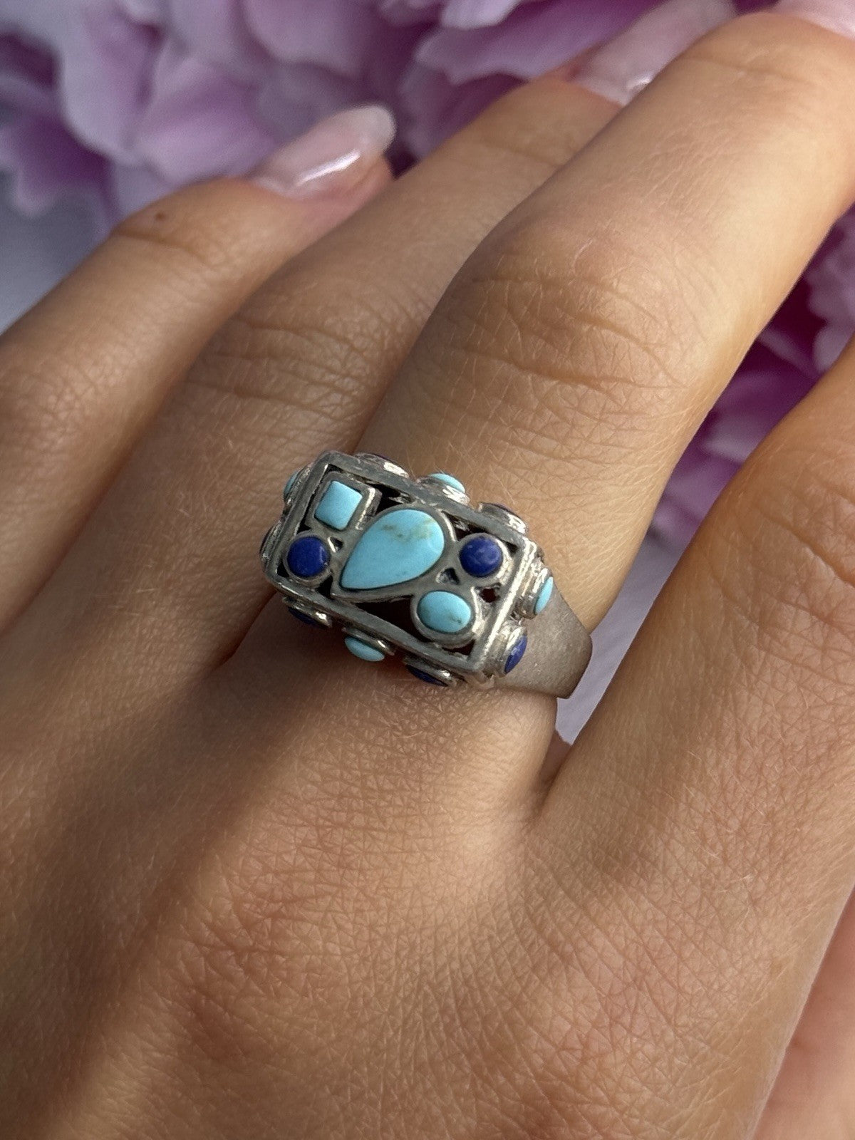 925 Sterling Silver Turquoise & Sodalite Ring Size 7.5