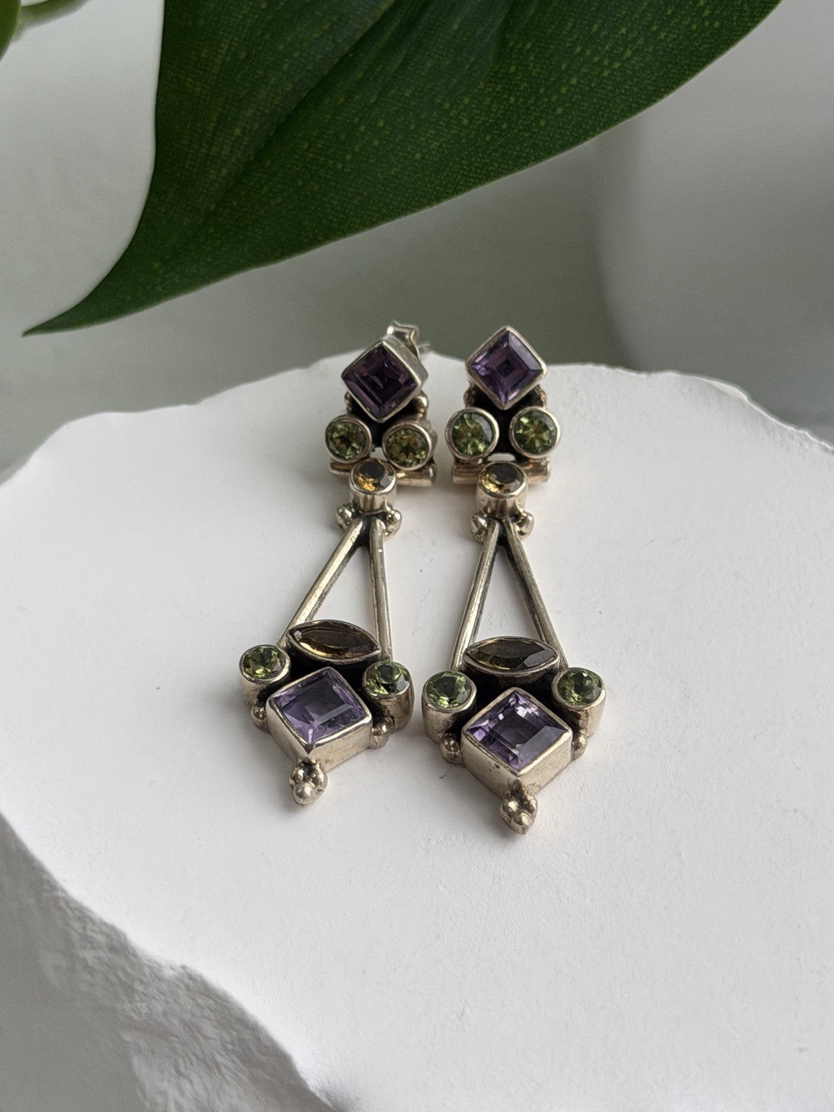 925 Sterling Silver Amethyst Peridot Citrine Earrings