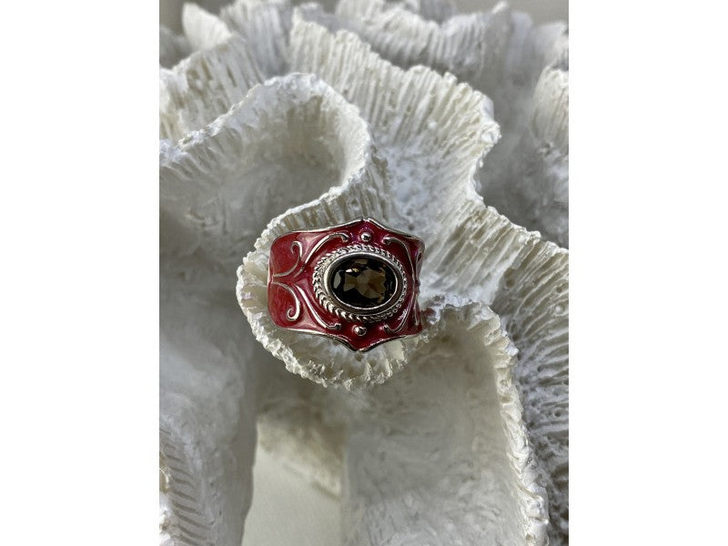 925 Sterling Silver Hessonite & Red Enamel Ring Size 9.5