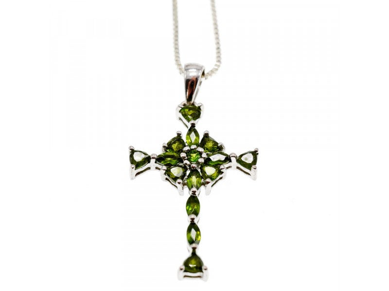 925 Sterling Silver Emeralds Chain With Cross