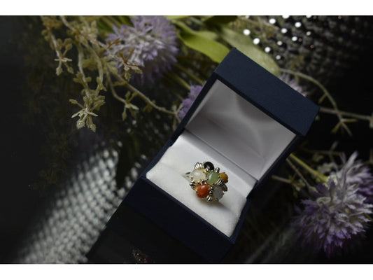 925 Sterling Silver Multicolor Agate, Nephrite & Amber Ring Size 10.25