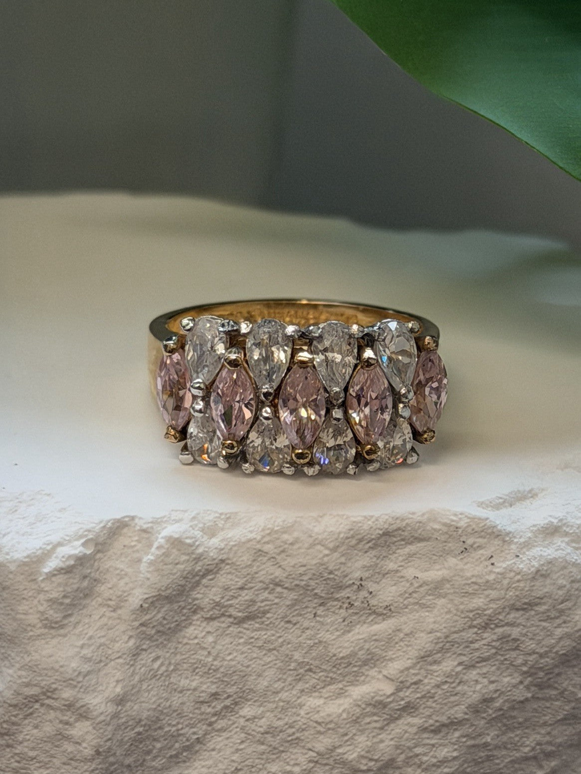 925 Sterling Silver Gold Plated Pink Morganite & White Clear Beryl Ring Size 8
