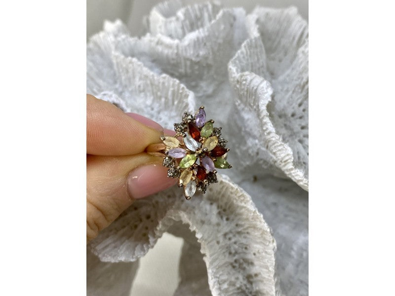 925 Sterling Silver Gold Plated Multi Gemstones "Flower" Ring Size 8