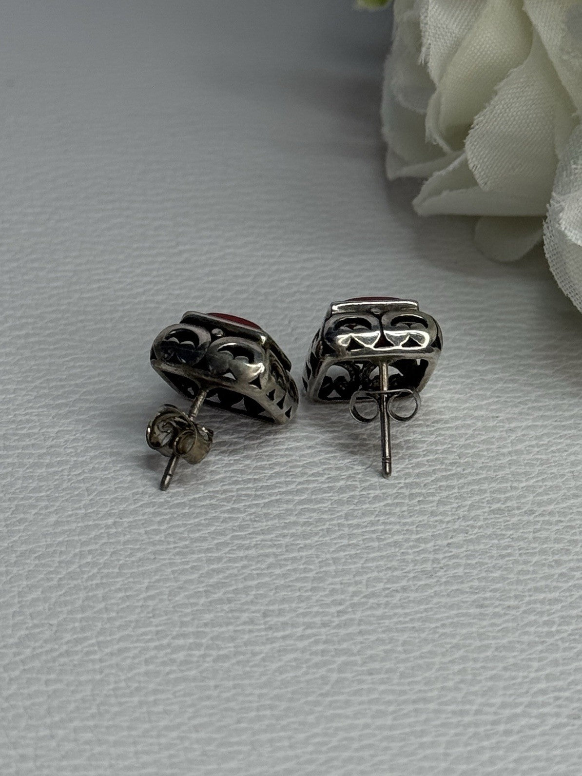 Vintage 925 Sterling Silver Carnelian Earrings Length 0.52 Inch