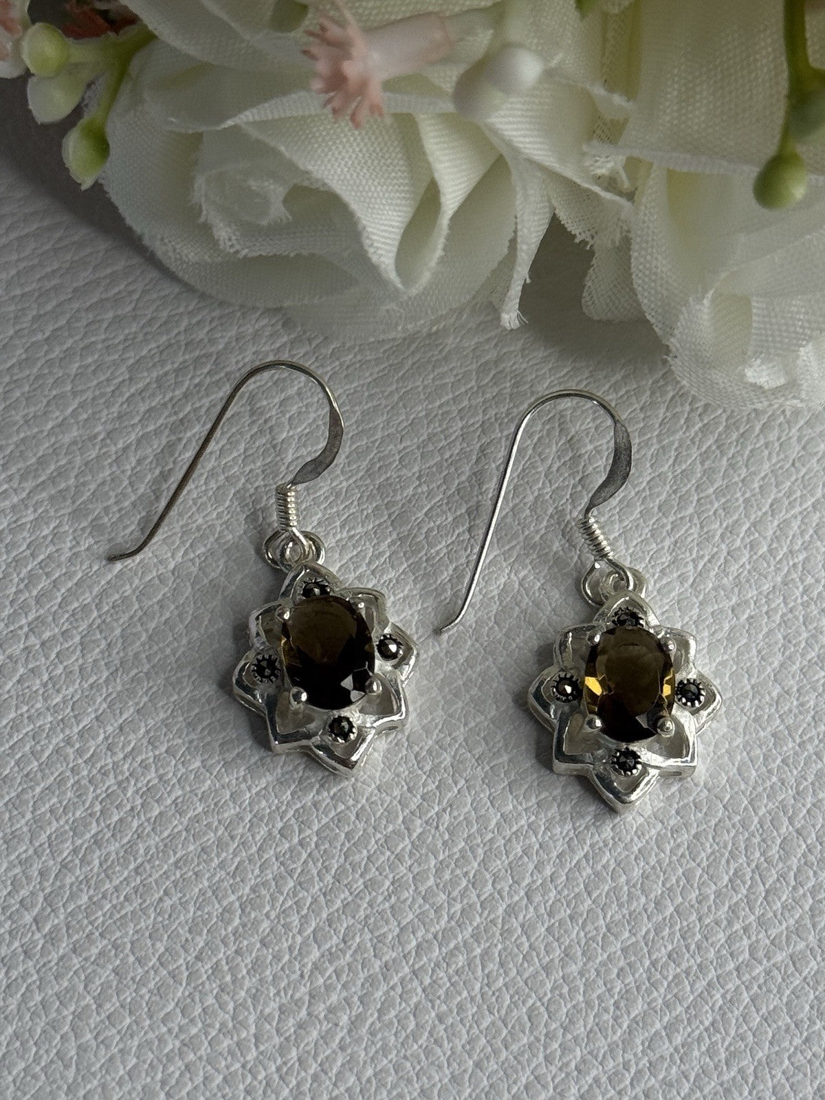 925 Sterling Silver Hessonite & Marcasite Earrings Length 1.10 Inch