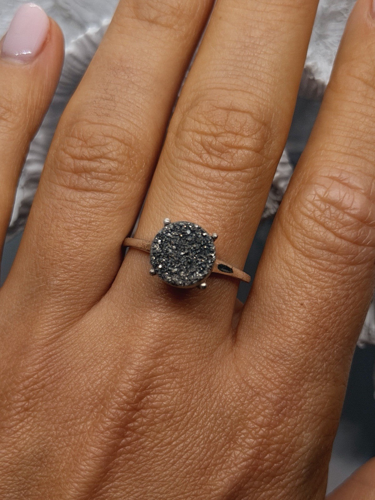 Vintage Sparkling 925 Sterling Silver Druzy Quartz Ring Size 9