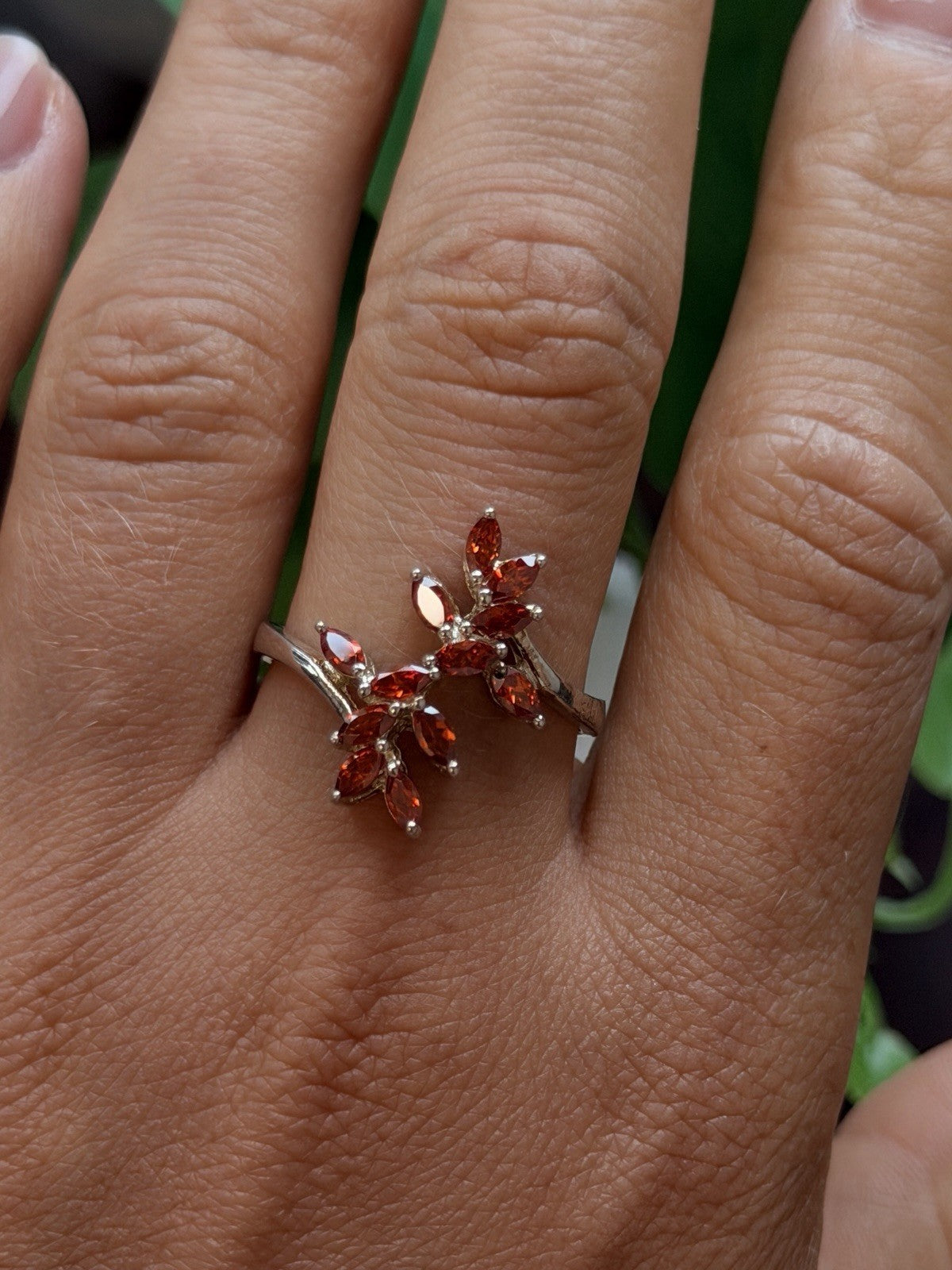 925 Sterling Silver garnet Flower Ring Adjustable