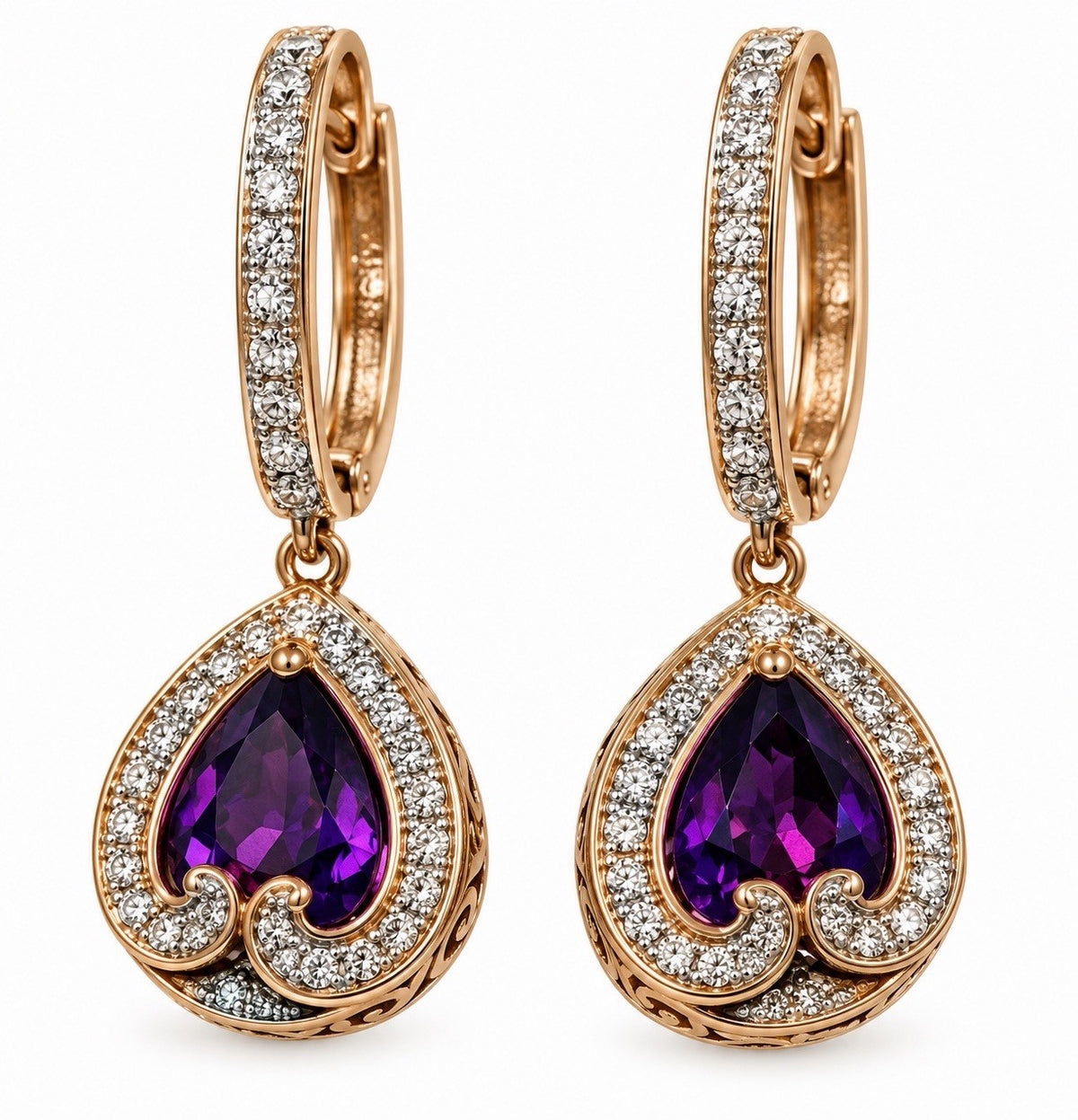 Rose Gold Plated Elegant 925 Sterling Silver Purple Amethyst & Beryl Earrings