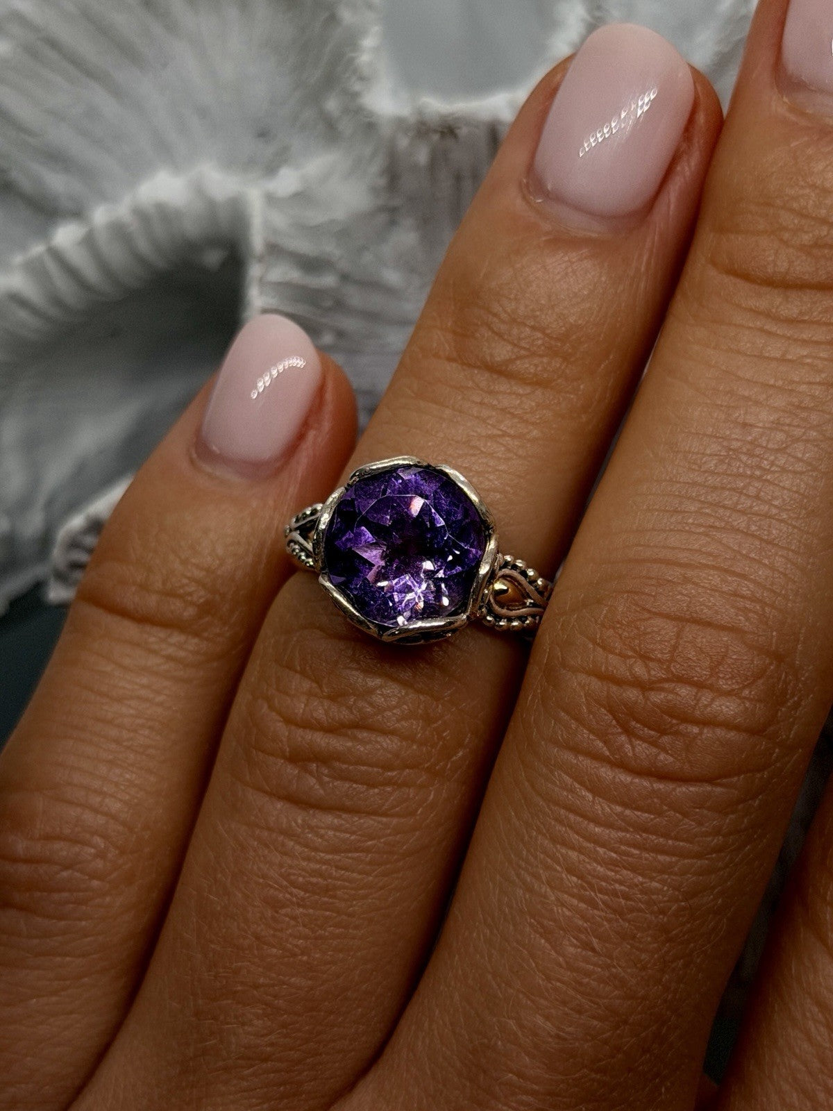 925 Sterling Silver & 18K Yellow Gold Part Amethyst Ring Size 5