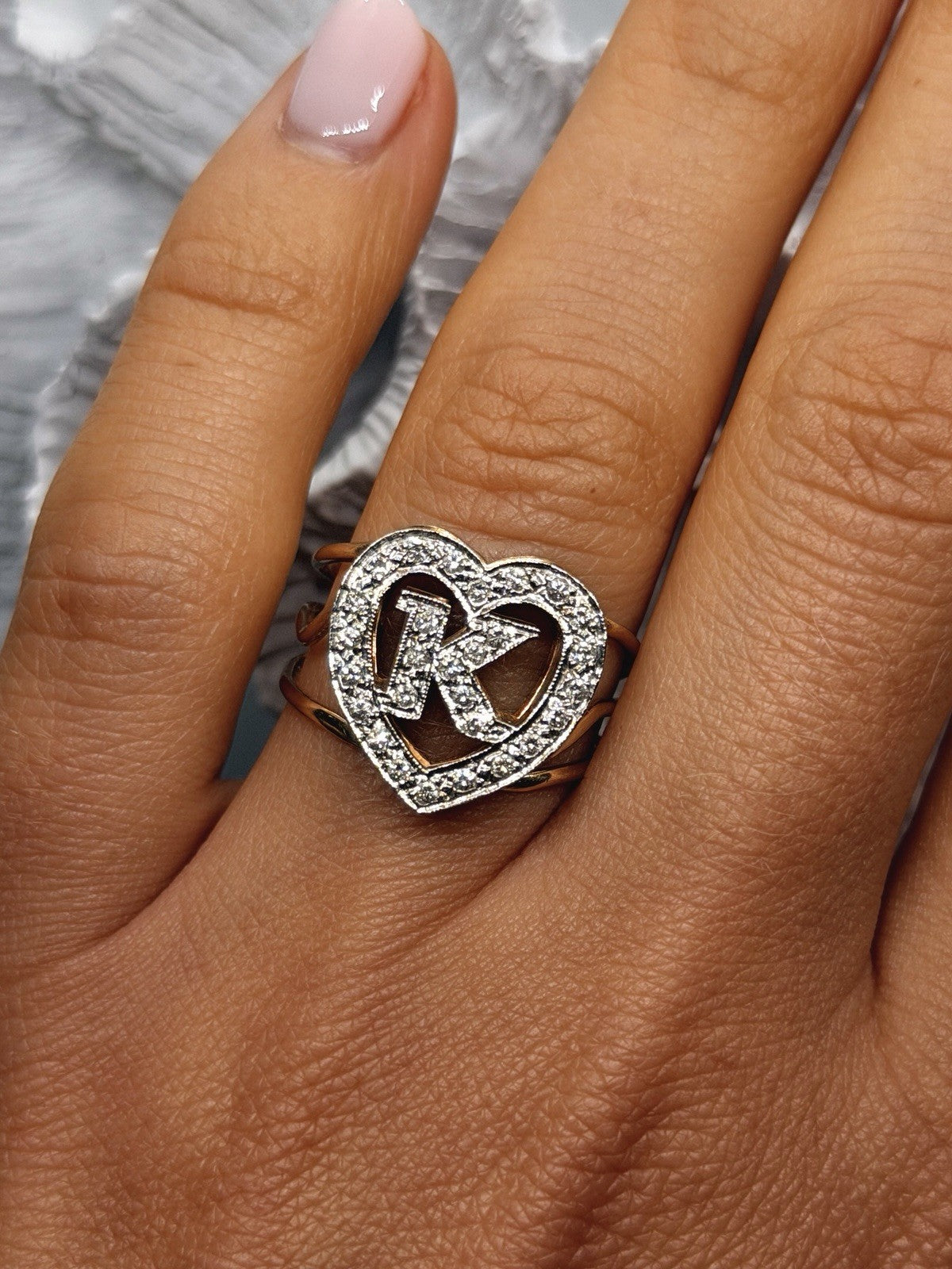 14K Yellow Gold And Diamond Letter ''K'' Heart Ring Size 8.25 Cocktail Estate