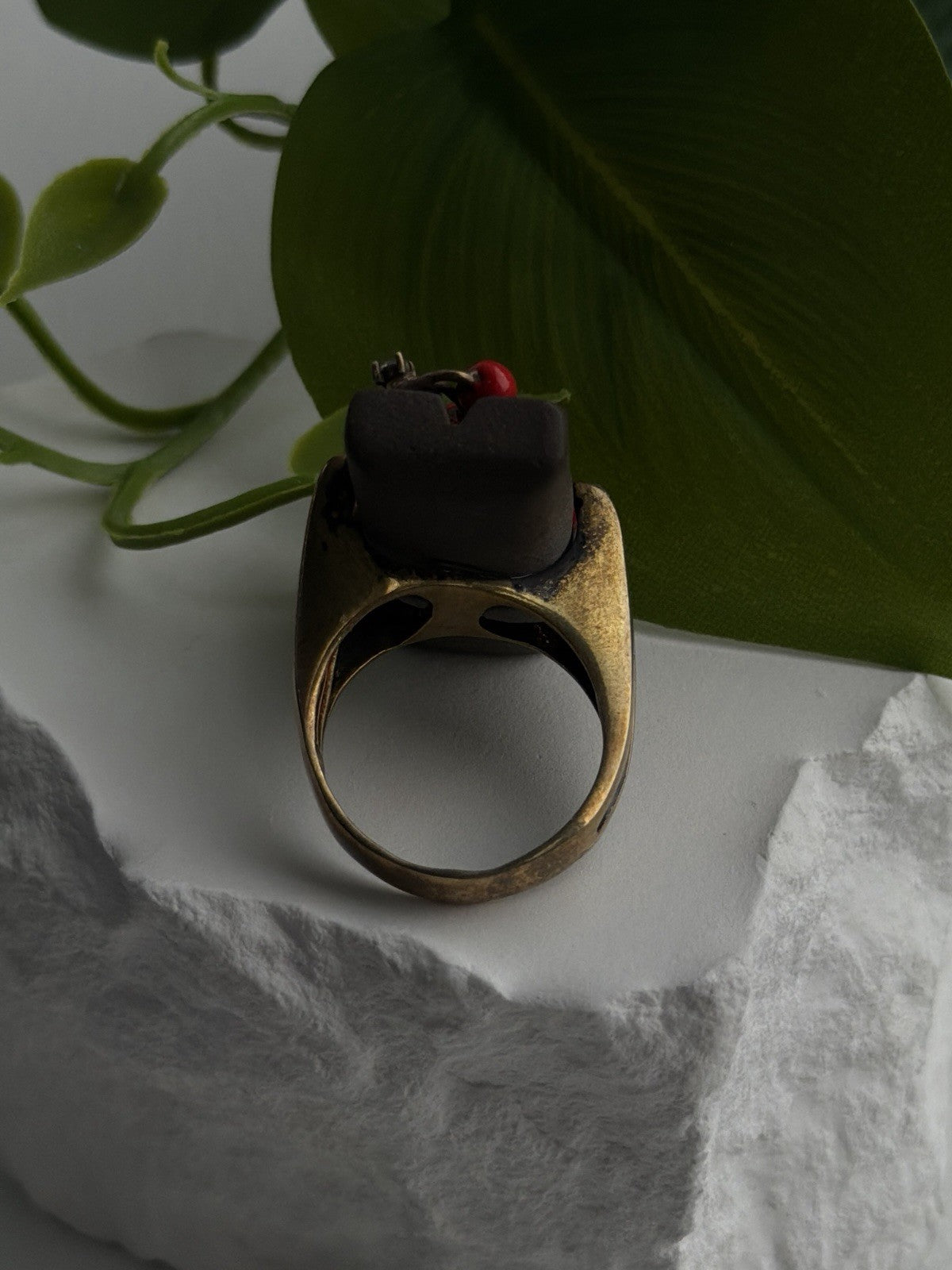By Philippe Black Enamel & Red Bead Cherry 925 Sterling Silver Ring Size 8