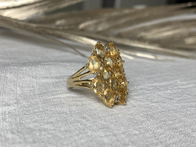 925 Sterling Silver Gold Plated Yellow Tourmalines & Diamonds Ring Size 8