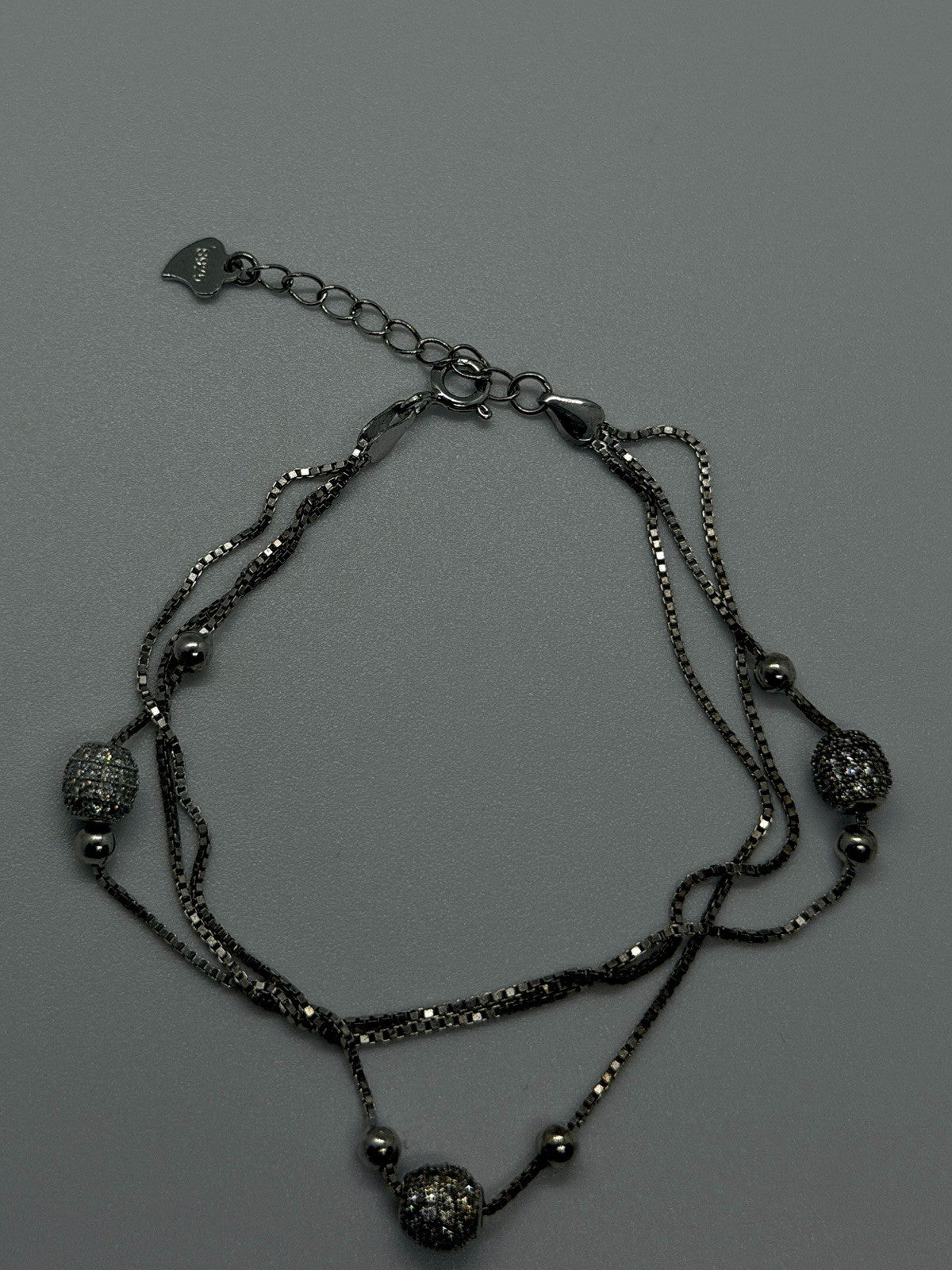 925 Sterling Silver Multi-Strand Box Chain Pave Cz Beads Bracelet Size 6.5/8