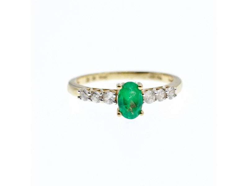 10K Yellow Gold Emerald & Colorless Spinel Ring Size 6.25