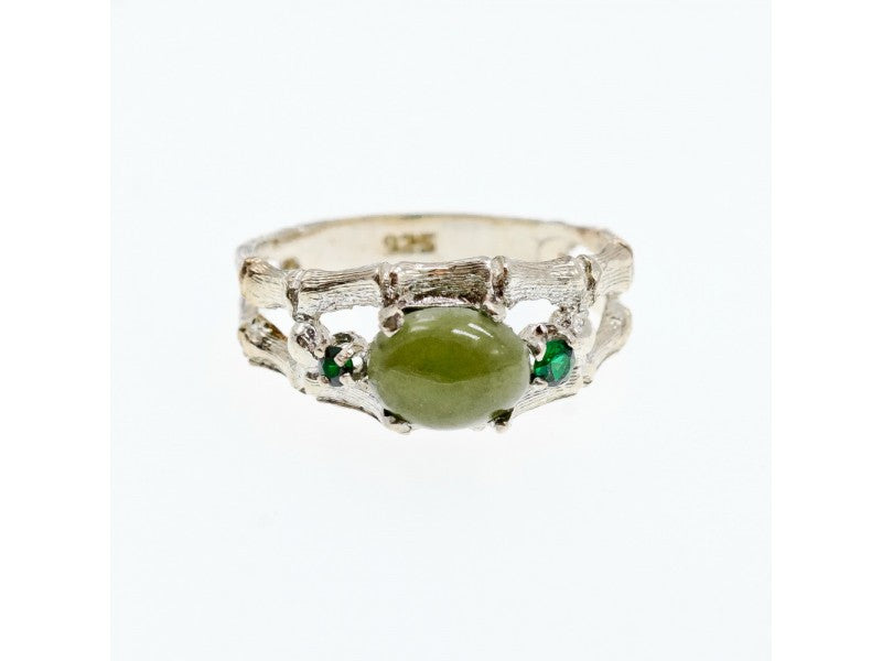 925 Sterling Silver Nephrite ( Jade ) & Emeralds Ring Size 8