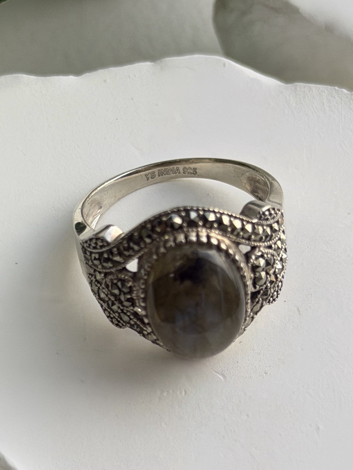 925 Sterling Silver Labradorite & Marcasite Ring Size 10