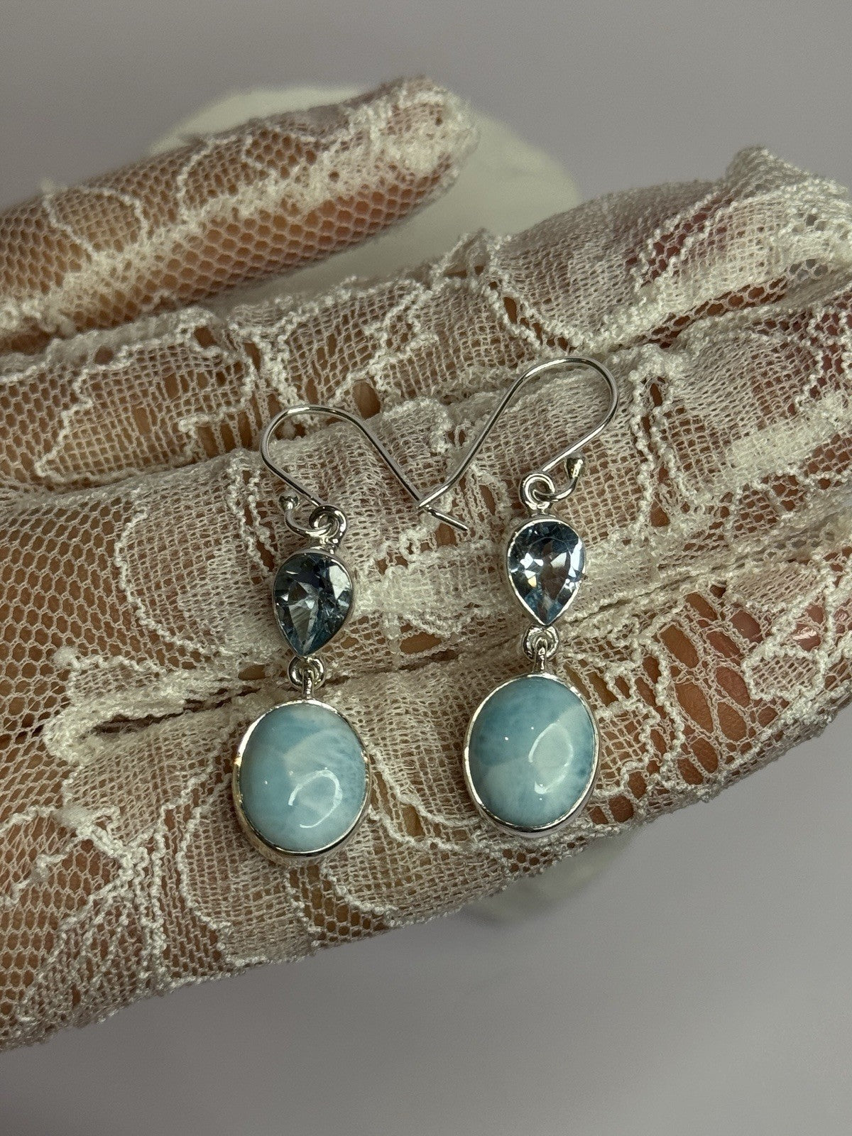 925 Sterling Silver Larimar & Topaz Earrings Length 1.7 Inch