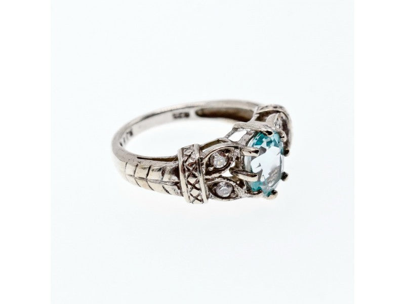 925 Sterling Silver Blue Spinel & CZ Ring Size 6.5