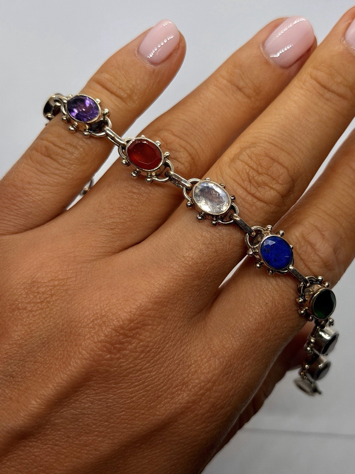 Vintage 925 Sterling Silver Multi-Gemstone Oval Link Bracelet Size 7