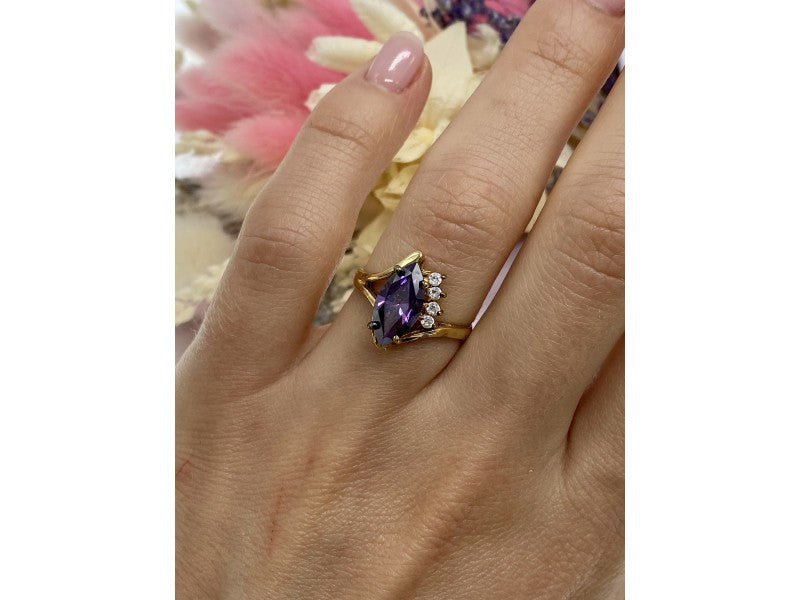 925 Sterling Silver Gold Plated Amethyst & CZ Ring Size 7