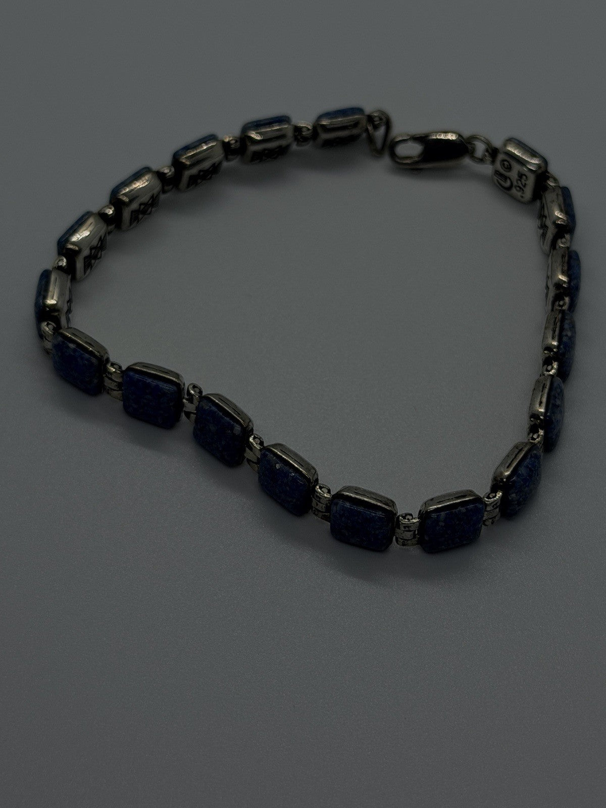 Geometric Southwestern 925 Sterling Silver Lapis Lazuli Square Link Bracelet 7.5