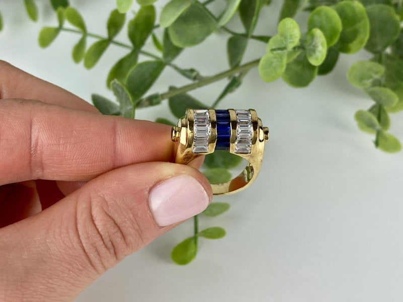 925 Sterling Silver Gold Plated Sapphires & CZ Ring Size 7