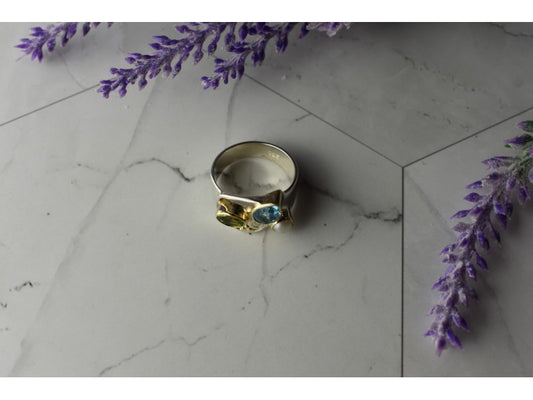 925 Sterling Silver Blue Spinel, Pearl & Peridot Ring Size 5.5