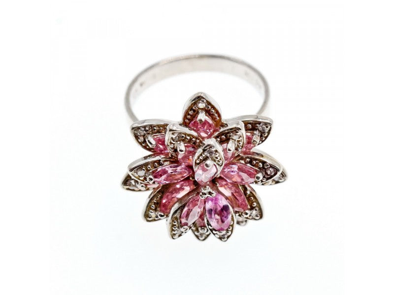 925 Sterling Silver Pink & White CZ "Flower" Ring Size 6.5