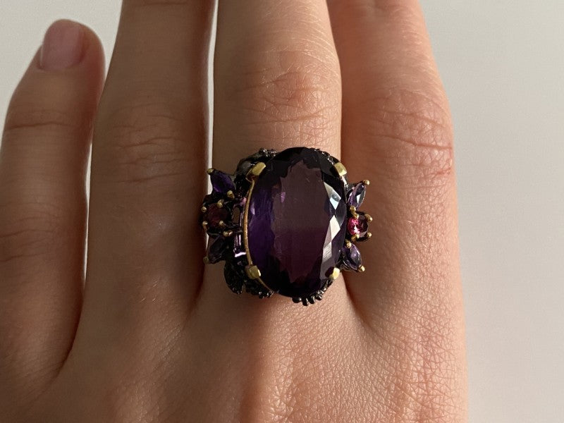 Blackened 925 Sterling Silver With Gilding Amethyst Ring Size 9