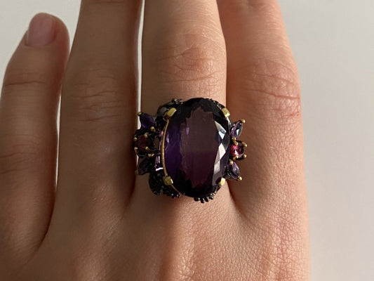 Blackened 925 Sterling Silver With Gilding Amethyst Ring Size 9