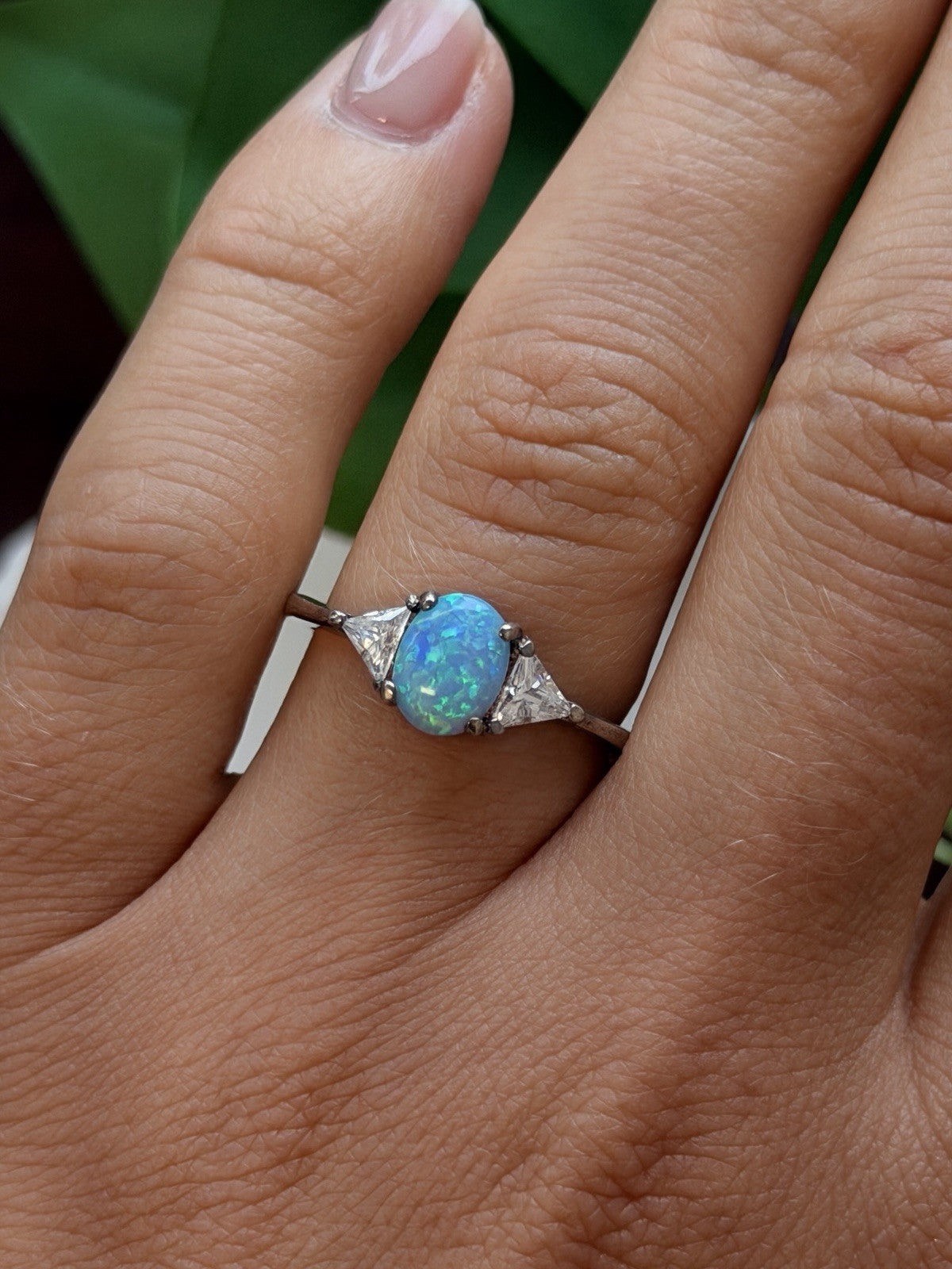 925 Sterling Silver Oval Blue Opal & White Beryl Tree-Stone Ring Size 8