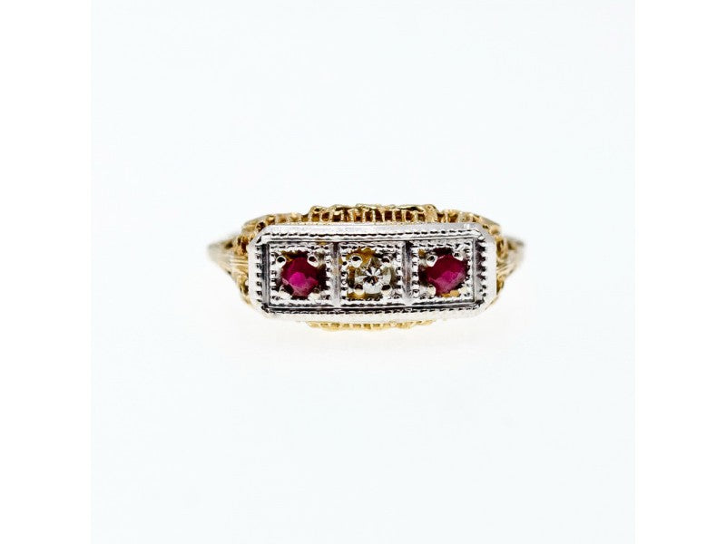 14K Yellow Gold Rubies & Diamond Ring Size 8