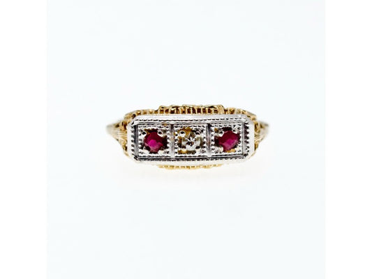 14K Yellow Gold Rubies & Diamond Ring Size 8