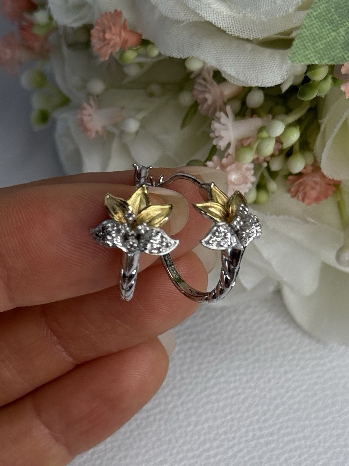 925 Sterling Silver Gold Plated Flowers Earrings Length 0.75 Inch
