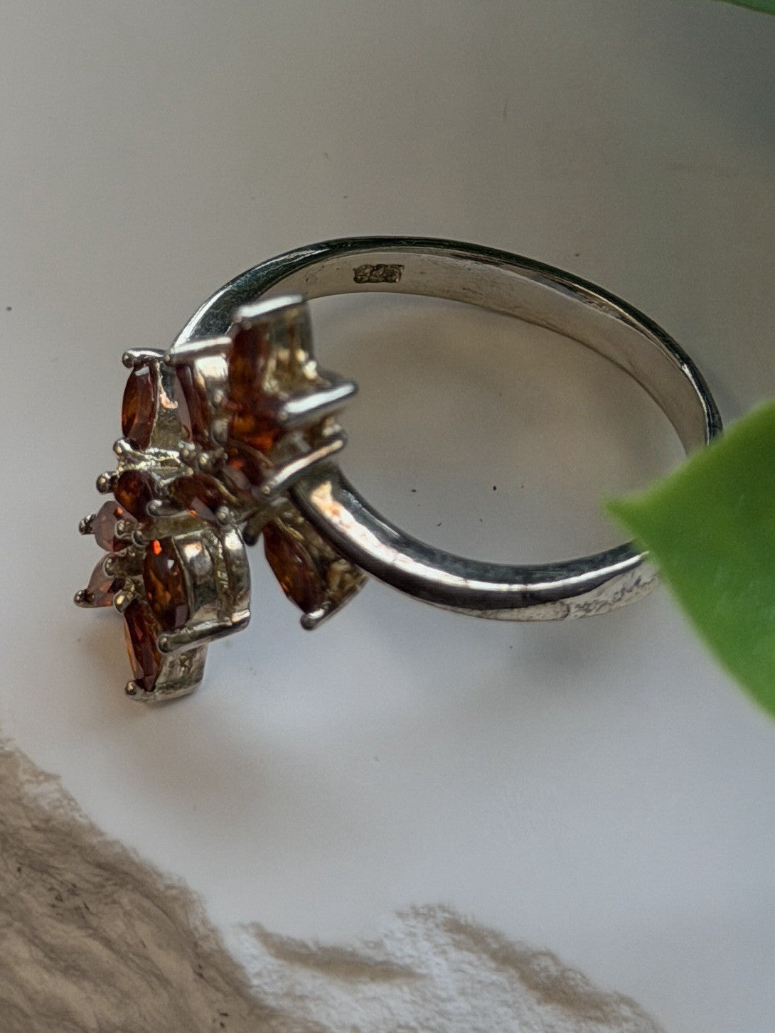 925 Sterling Silver garnet Flower Ring Adjustable