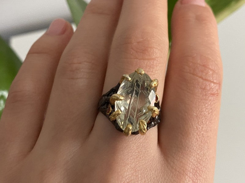 925 Blackened Silver With Gilding Green Amethyst & Heliodor Ring Size 9.75