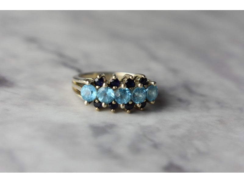 925 Sterling Silver Blue Spinel & Sapphires Ring Size 6.75
