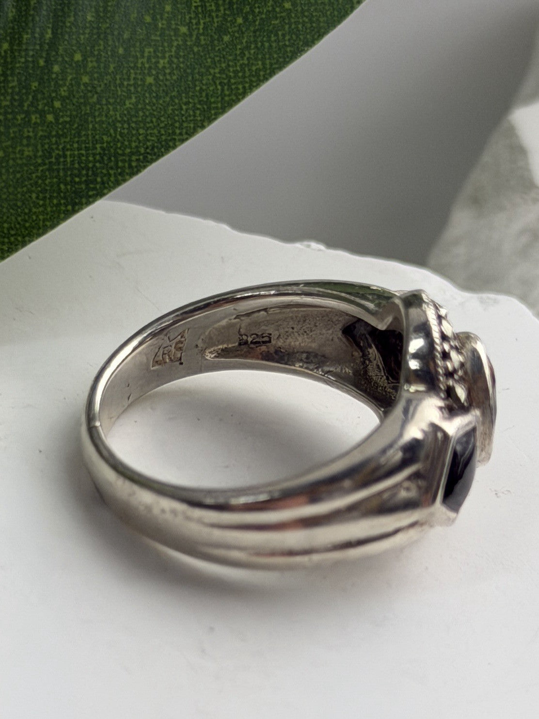 925 Sterling Silver Citrine & Onyx & Marcasite Ring Size 7