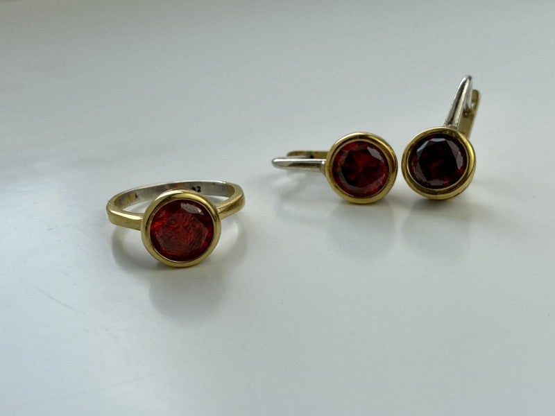 925 Sterling Silver Gold Plated Garnet & CZ Jewelry Set Turkey