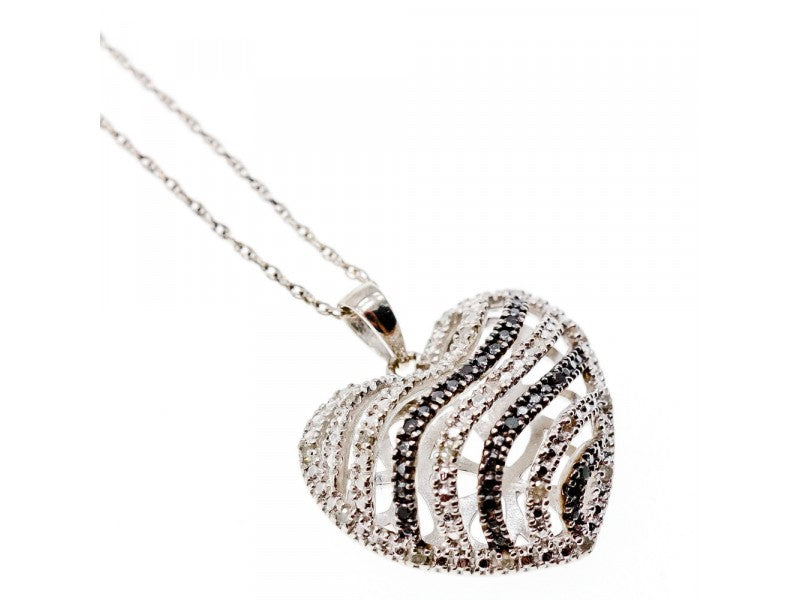 925 Sterling Silver White & Black CZ Heart Chain With Pendant