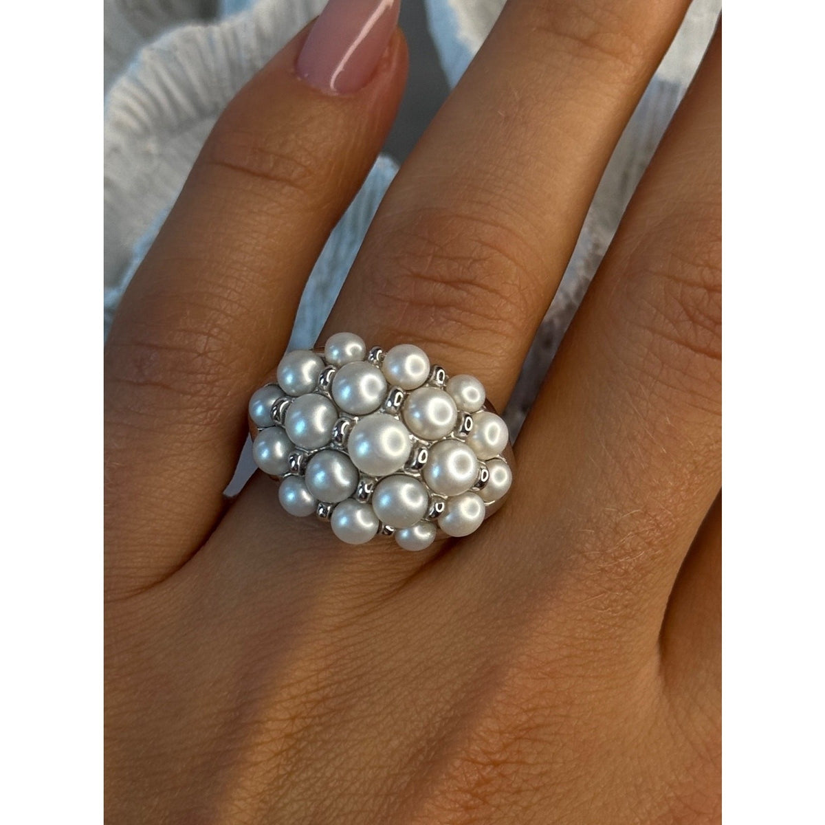 Elegant 925 Sterling Silver Pearl Ring Size 7