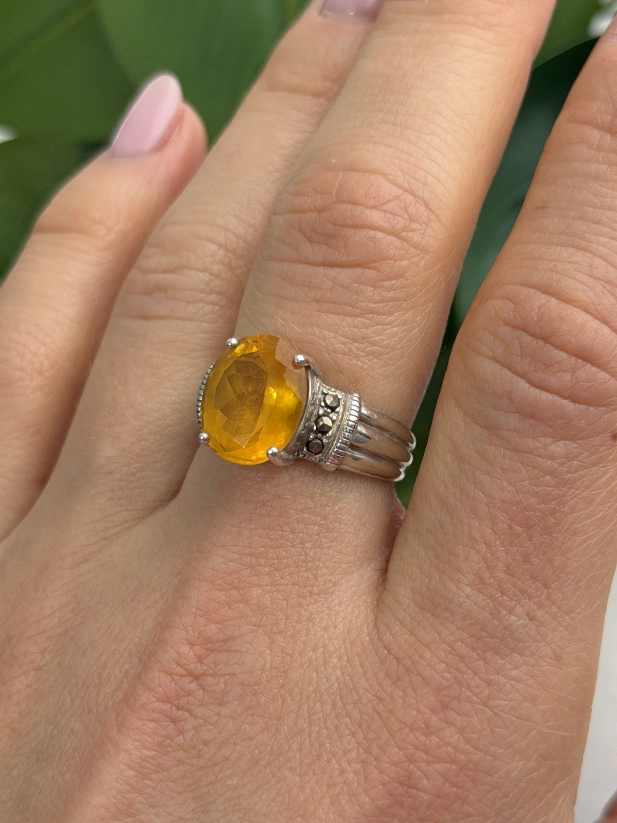 925 Sterling Silver Citrine & Marcasite Ring Size 8