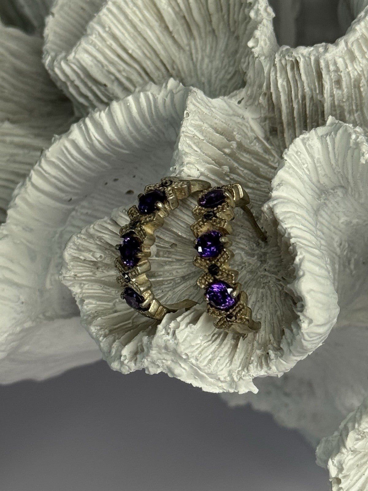 925 Sterling Silver Amethyst & Marcasite Earrings Length 0.80 Inch