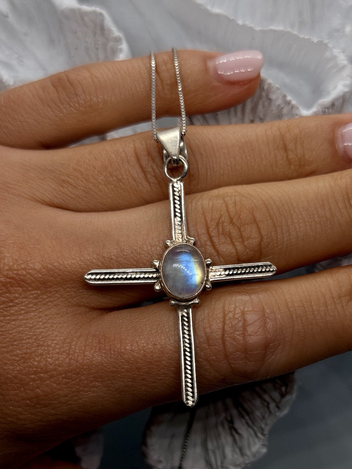 925 Sterling Silver Moonstone Cross Necklace