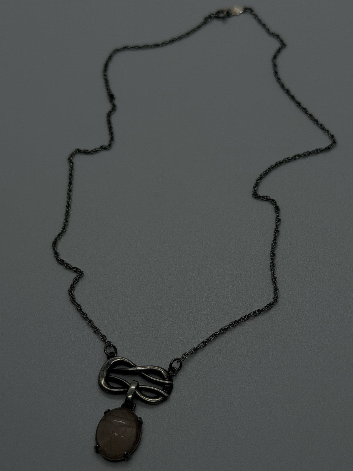 Vintage 925 Sterling Silver Rose Quartz Scarab Necklace Art Nouveau Infinity
