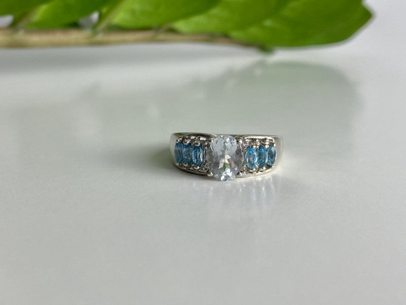 925 Sterling Silver Aquamarines Ring Size 8