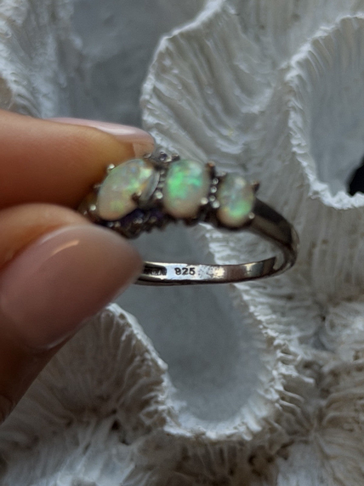 925 Sterling Silver Opal & Amethyst Ring Size 8